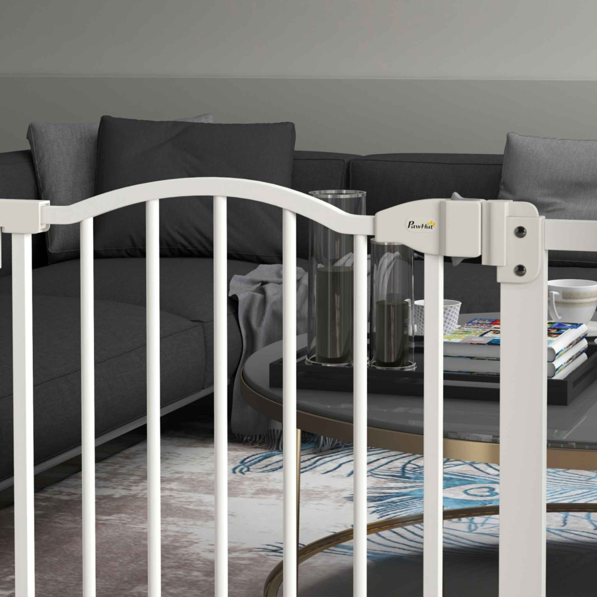 White metal dog gate in living room