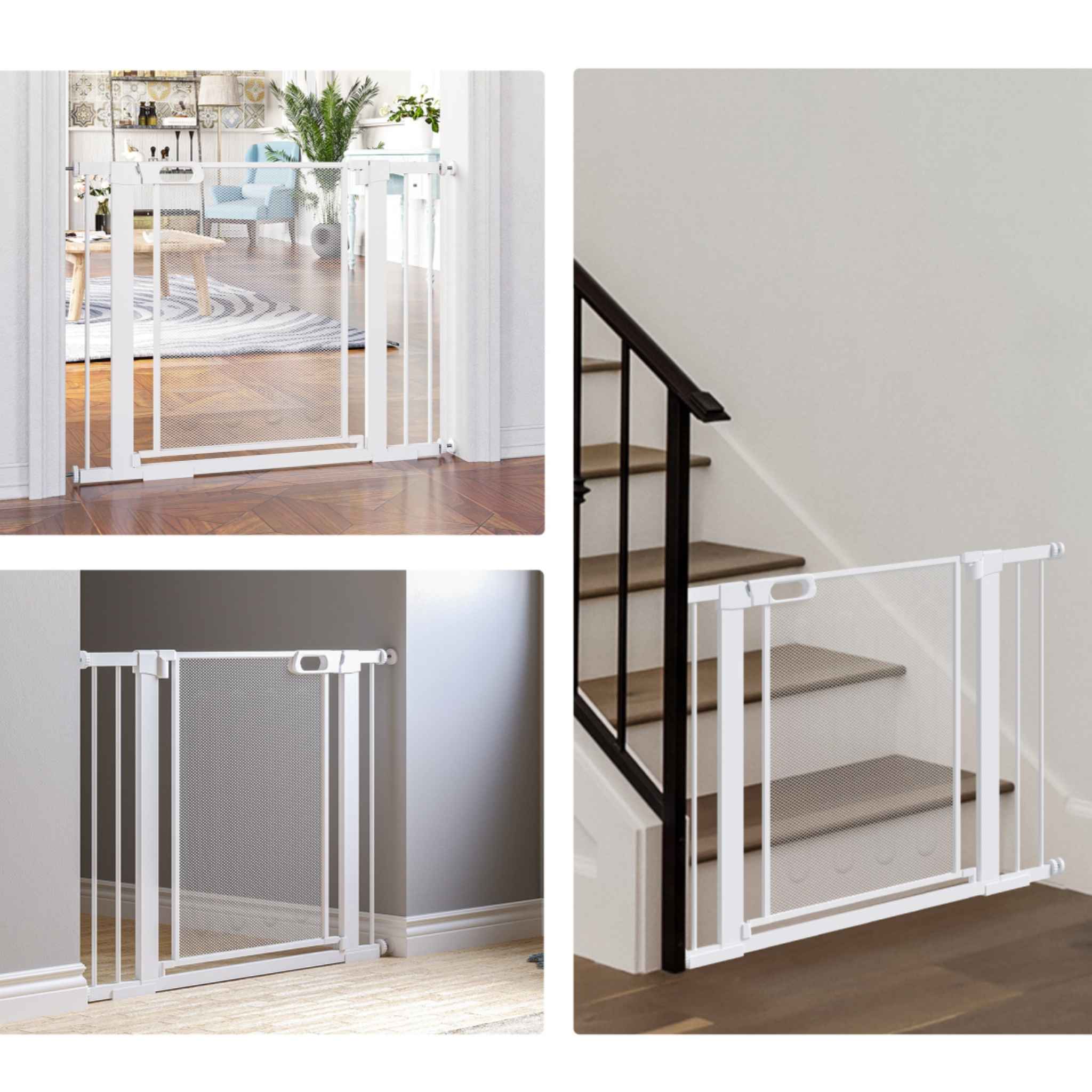 White pet gate on stairs and in hallway
