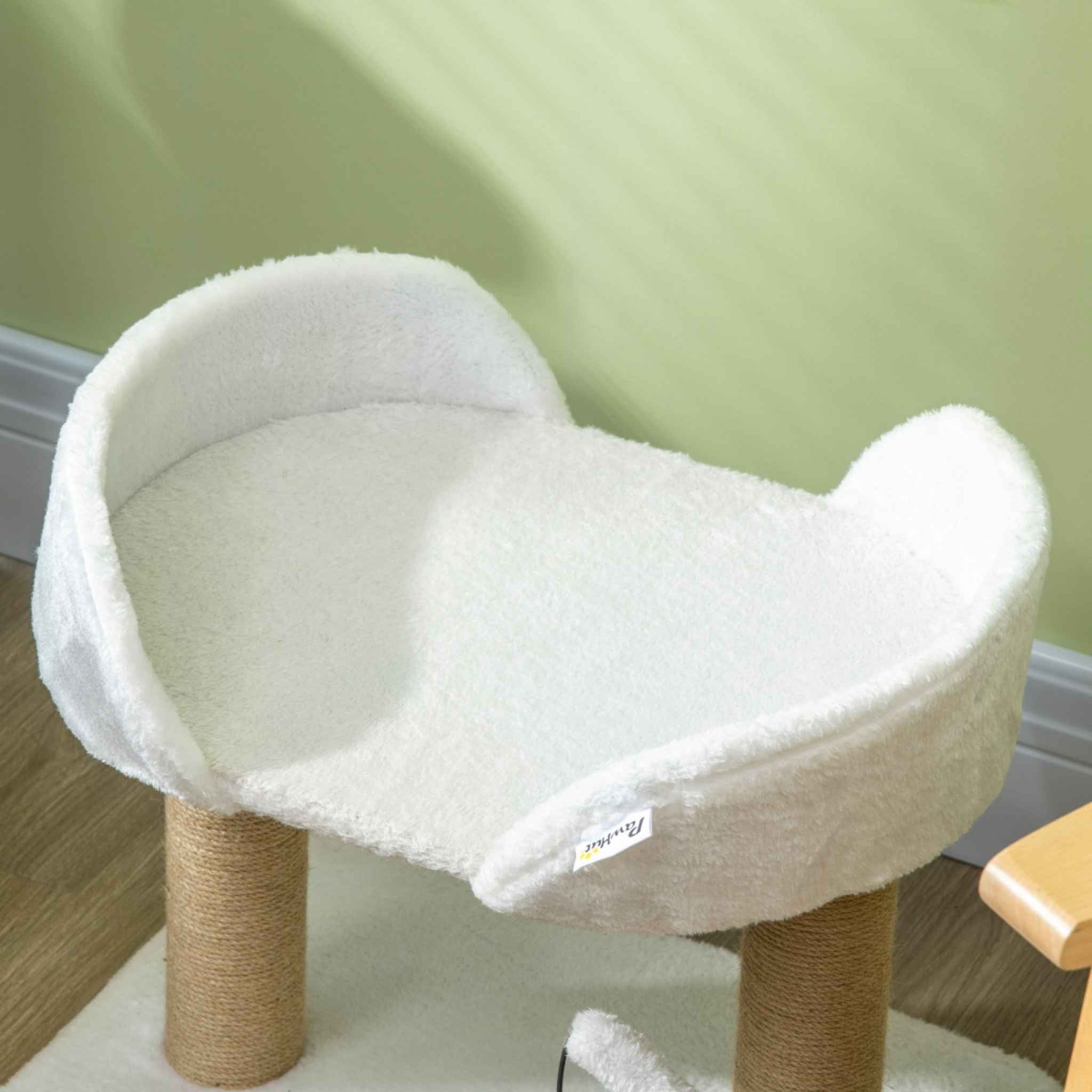 White plush fabric cat tree platform