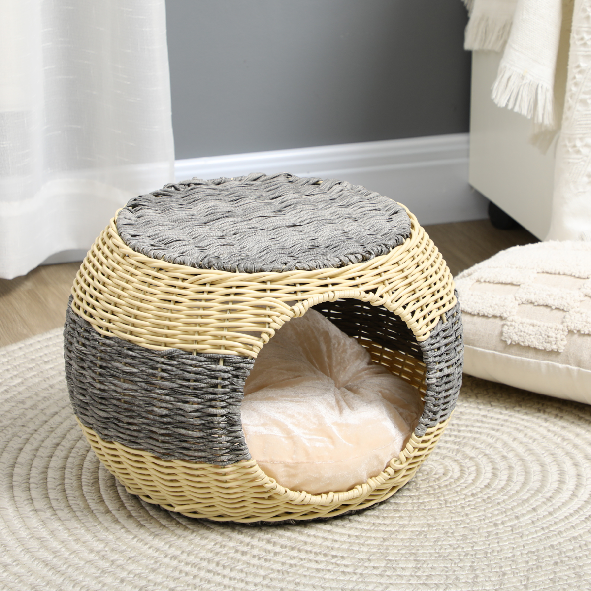 Wicker cat bed on floor of living room