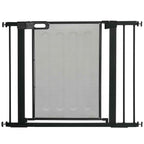 Wide adjustable black metal pet gate with mesh door