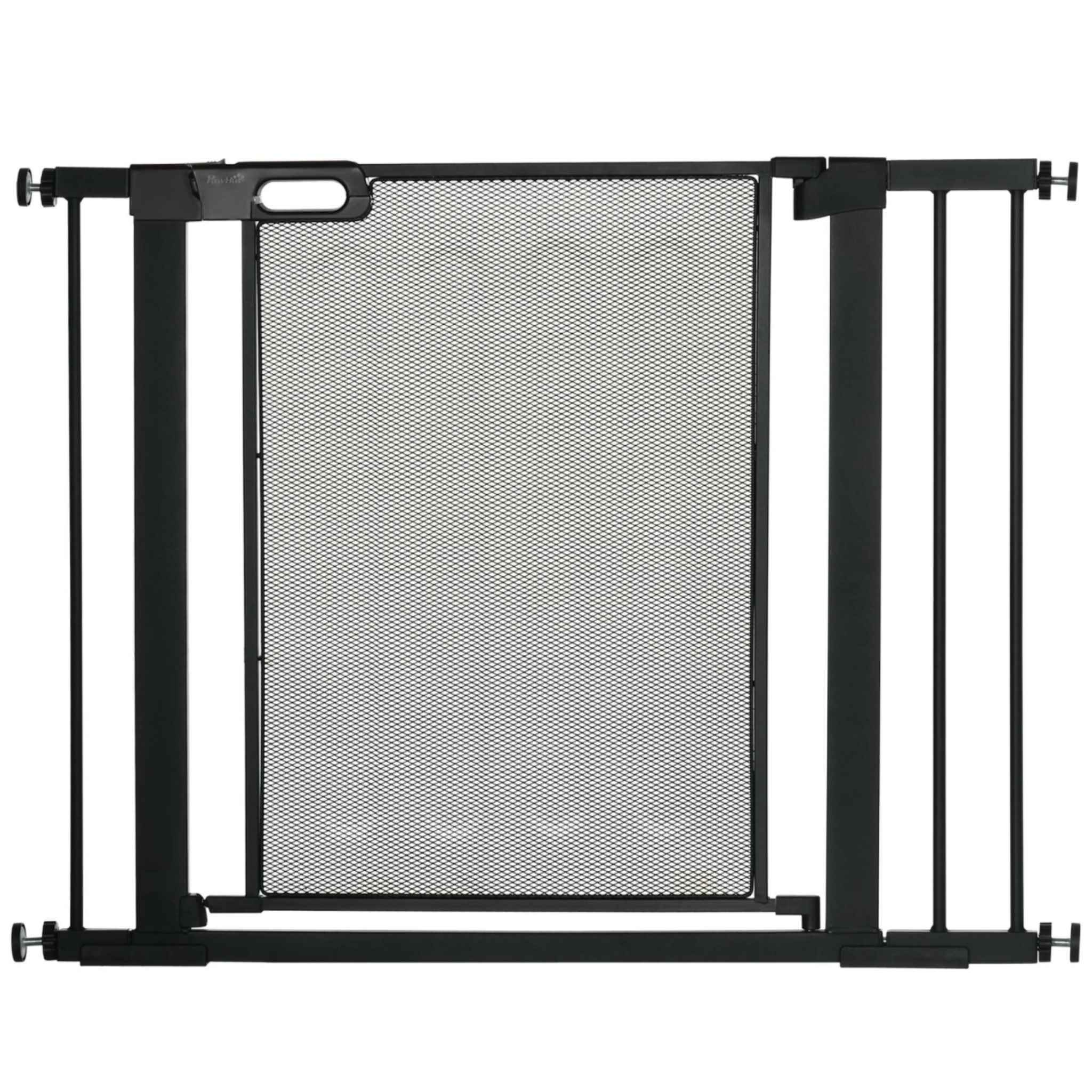 Wide adjustable black metal pet gate with mesh door