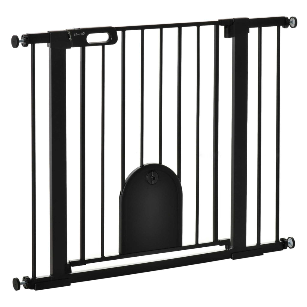 Wide black pet gate with cat door