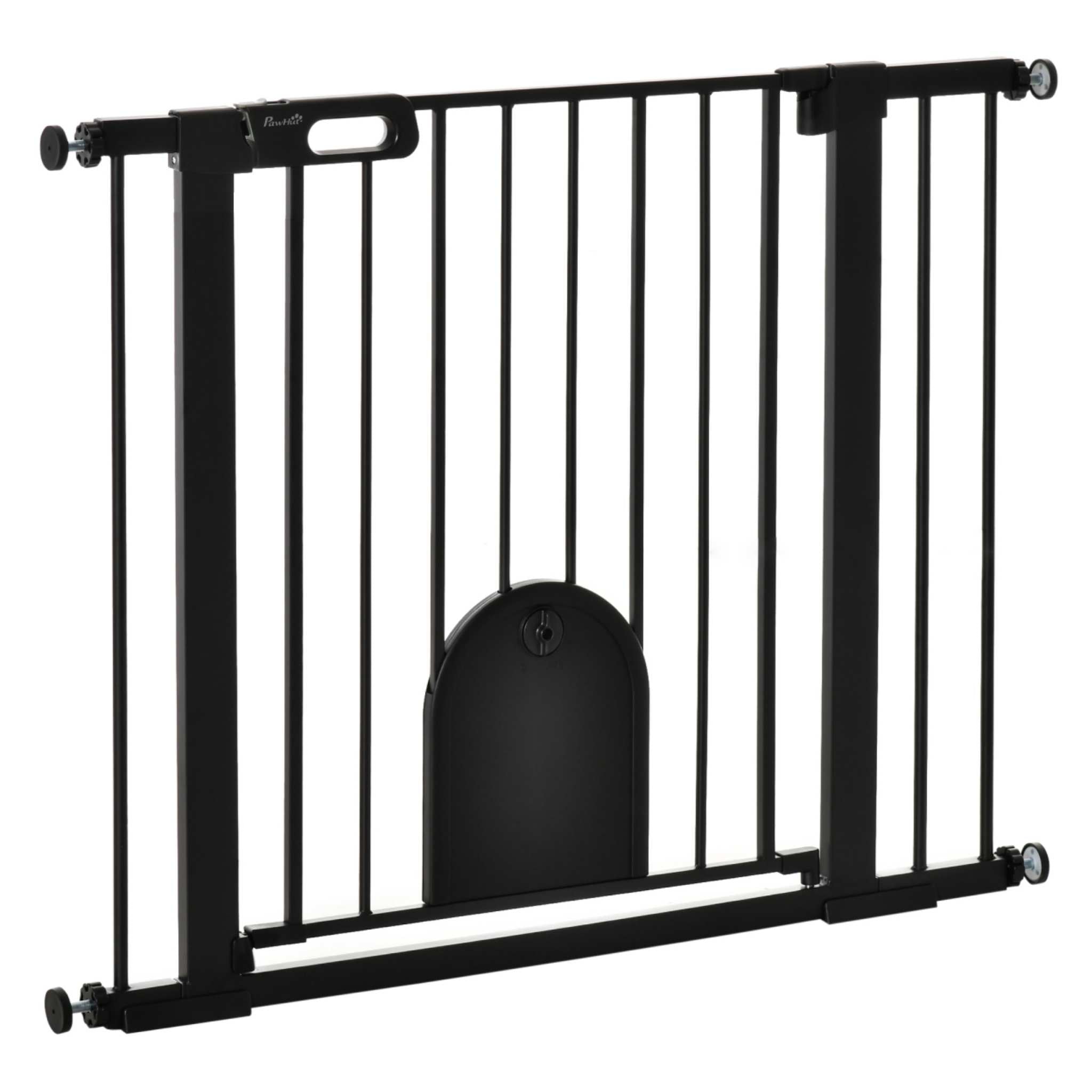 Wide black pet gate with cat door