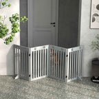 Wide grey freestanding pet gate in hallway