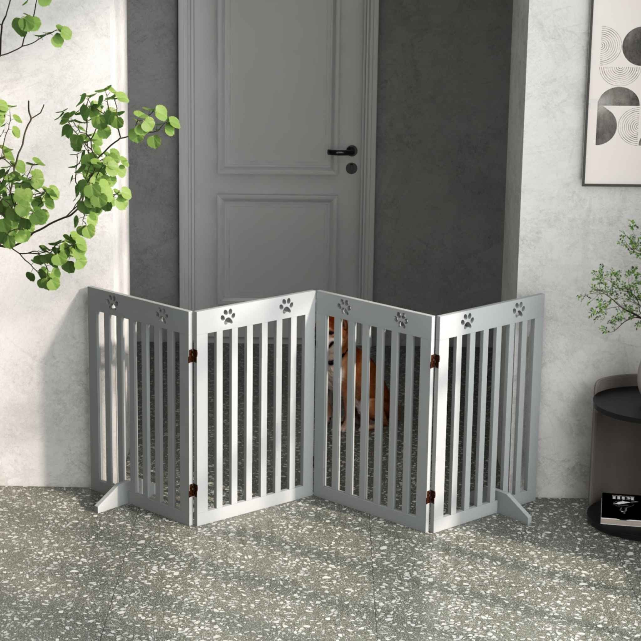Wide grey freestanding pet gate in hallway
