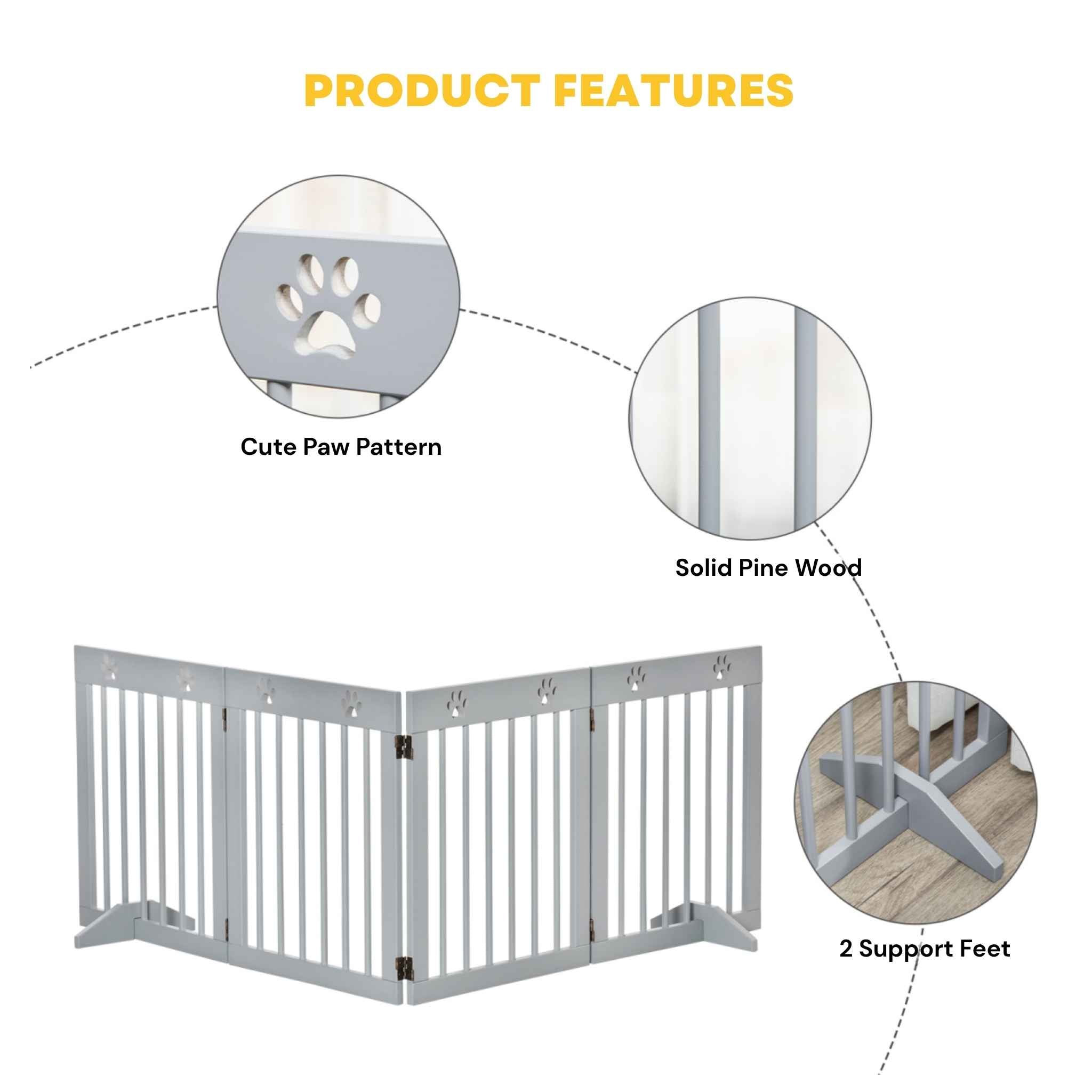Wide grey wooden dog barrier product features