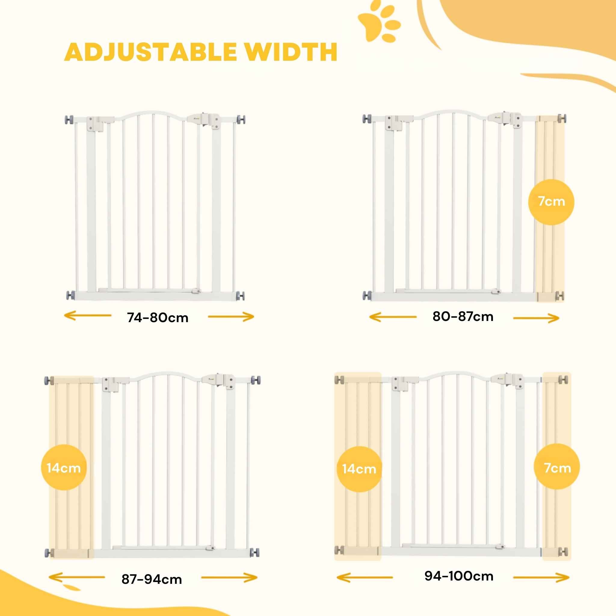 Wide metal dog gate adjusting to different widths