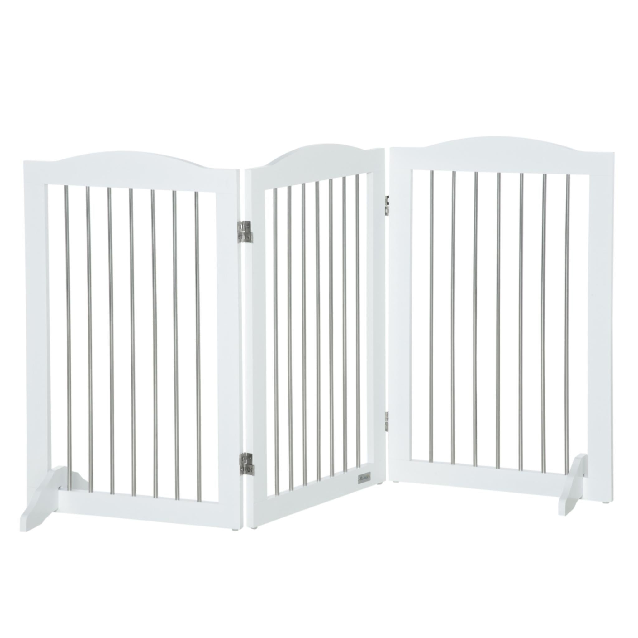 Wide white freestanding wooden pet gate