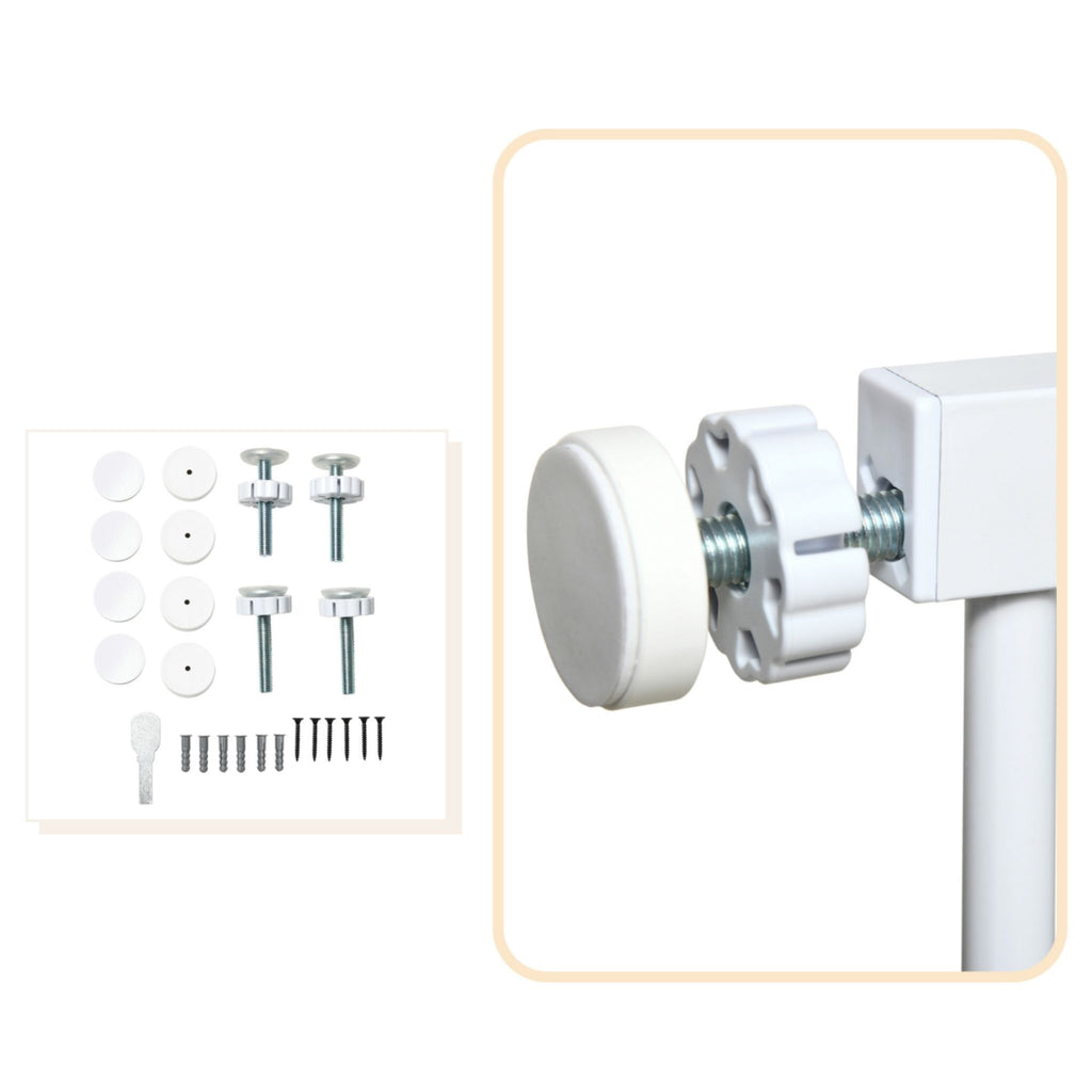 Wide white metal pet gate pressure fit system