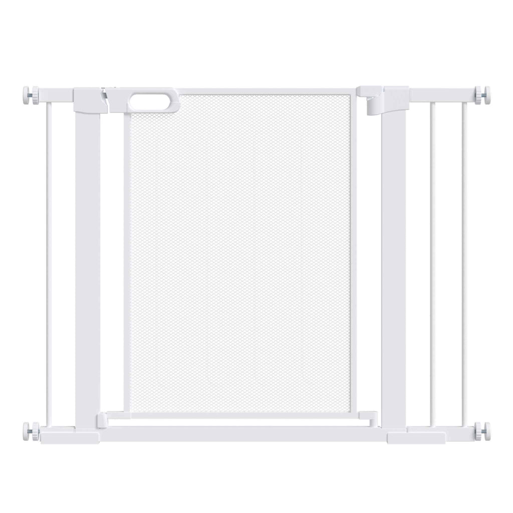 Wide white pet gate with metal mesh door