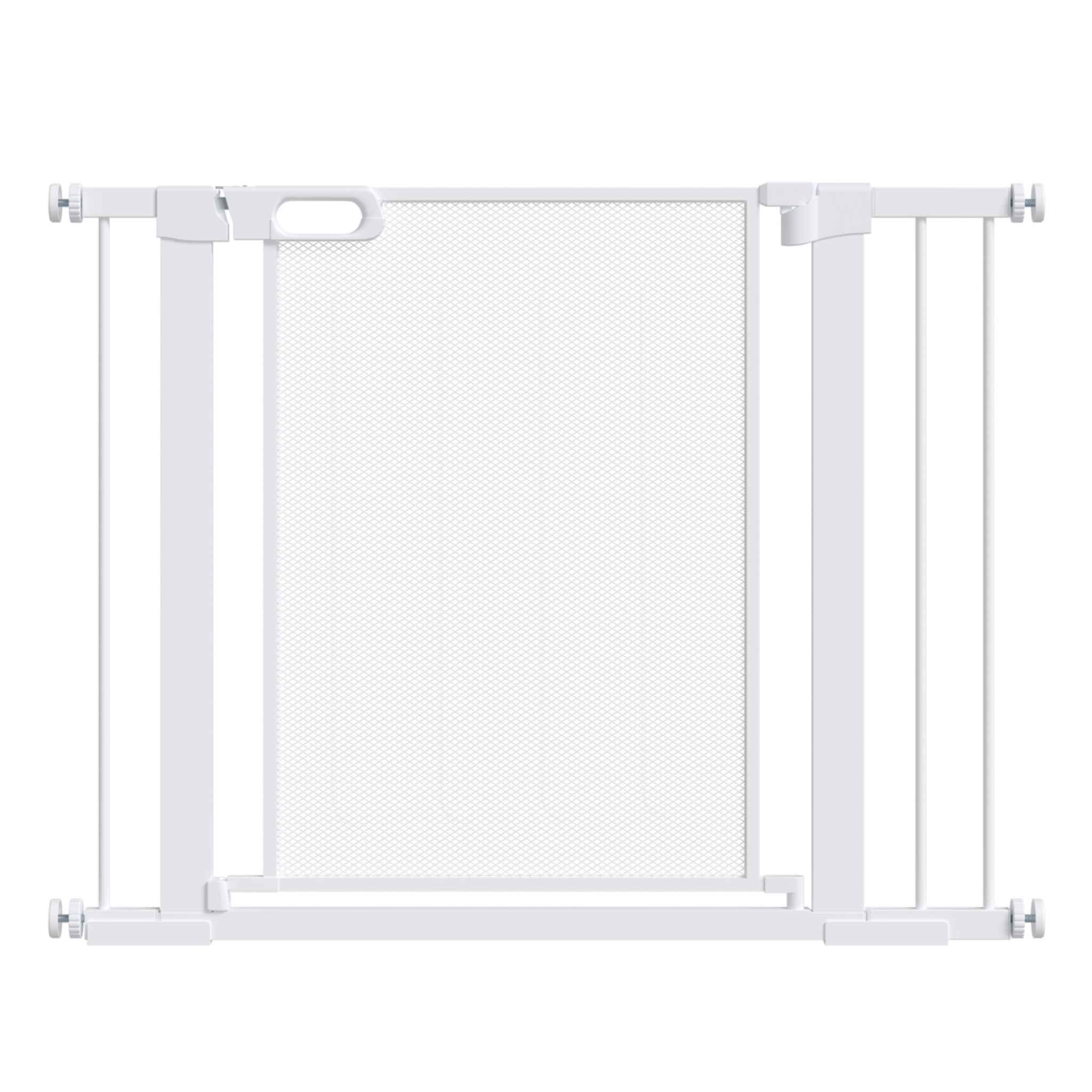 Wide white pet gate with metal mesh door