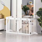 Wide white wooden dog gate in living room