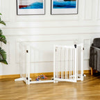 Wide wooden dog barrier in living room